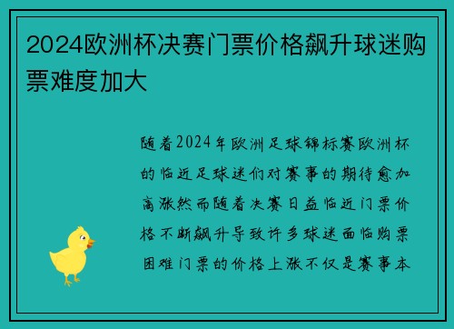 2024欧洲杯决赛门票价格飙升球迷购票难度加大